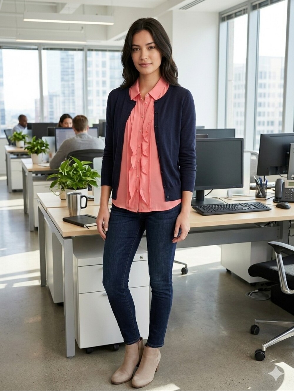 LOFT Women's Blouse Cardigan Set Size M Pink Navy